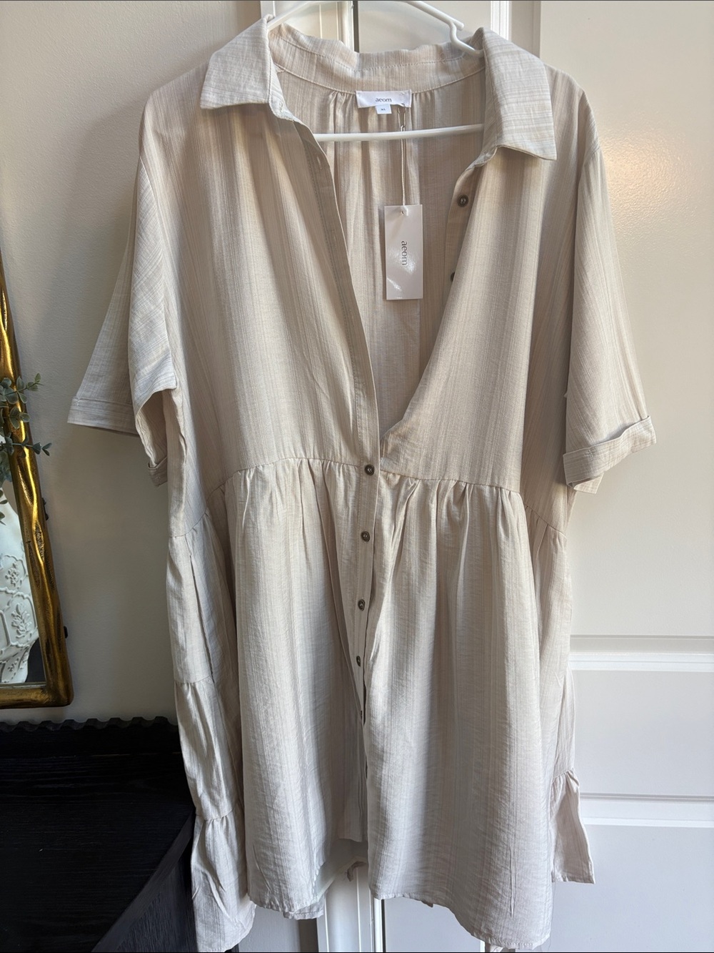 Light Cream Button-Front Tiered Shirt Dress